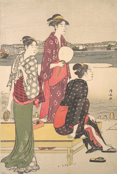 Kväll på stranden av Sumidafloden. av Torii Kiyonaga