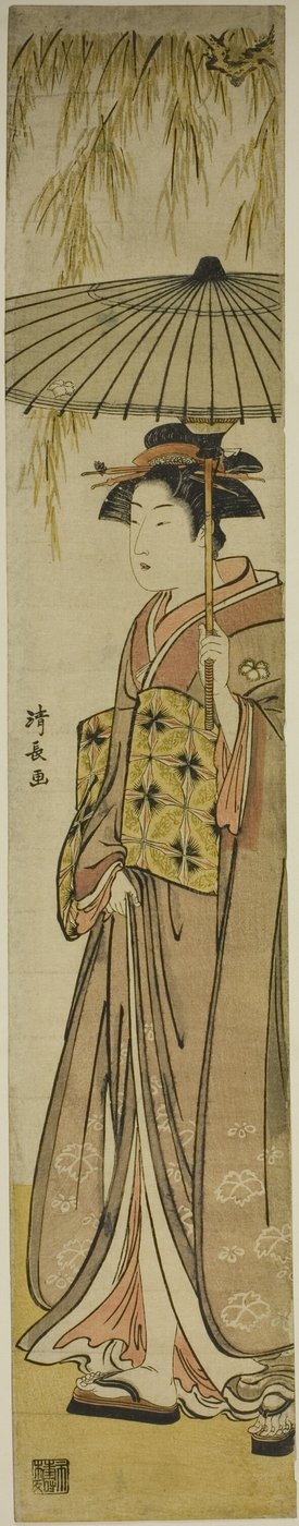 Geisha som bär ett parasoll under ett pilträd av Torii Kiyonaga
