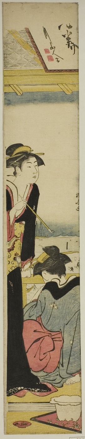 Geisha och Maid på en balkong med utsikt över bukten av Torii Kiyonaga