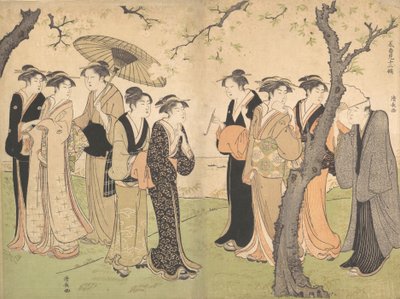 Grupp av sex geishor under körsbärsträden på Gotenyama, ca. 1785. av Torii Kiyonaga