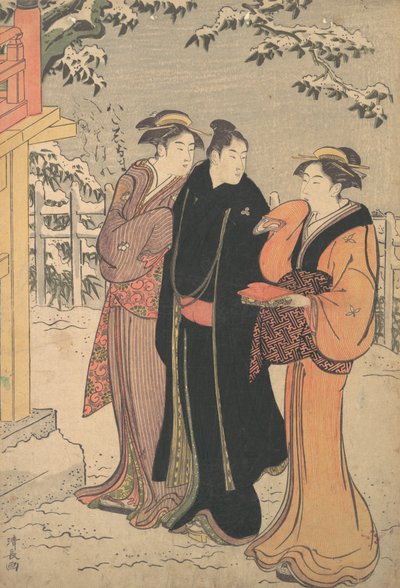 Man i en svart Haorirock och två kvinnor närmar sig ett tempel. av Torii Kiyonaga