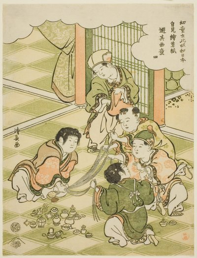 Nr 4: Kinesiska pojkar som spelar ett tombolaspel, från serien "Barn säger "Det här är Japan!" och imiterar spelen de ser i bilderböcker (Yodo iu koitsu wa Nippon, ezoshi o mite yori sono gai ni asobu)" av Torii Kiyonaga