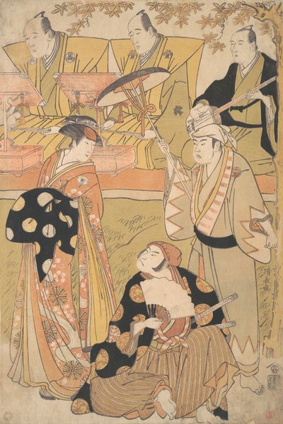 Onoe Matsusuke I som en Oiran står till vänster och pratar med Nakamura Nakazo I som en Sam..., ca. 1788. av Torii Kiyonaga