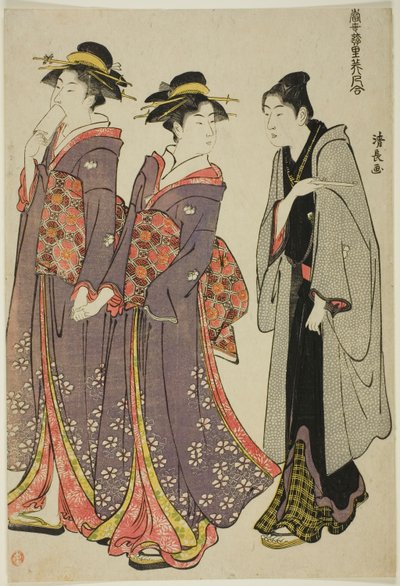 Ut på en promenad, från serien "A Collection of Contemporary Beauties of the Pleasure Quarters (Tosei yuri bijin awase)" av Torii Kiyonaga