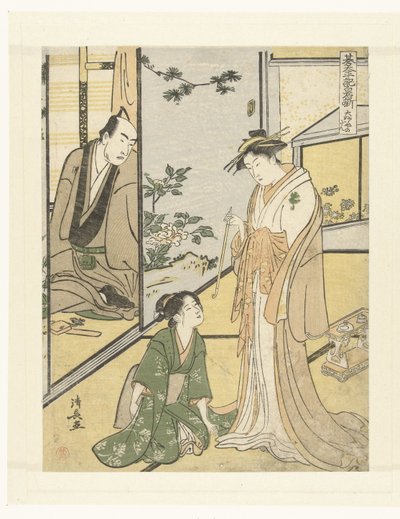 Scen i Daifukuyas hus Daifukuya no dan (titel på objekt) Het toneelstuk Shiraishibanashi (serietitel) Gotaiheiki Shiraishibanashi (serietitel på objekt) av Torii Kiyonaga