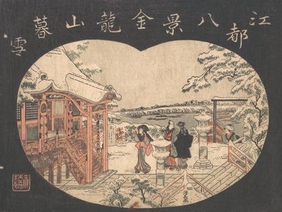 Snö scen med figurer utanför ett tempel. av Torii Kiyonaga