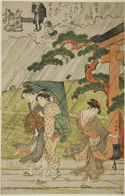 Plötslig dusch vid Mimeguri Shrine av Torii Kiyonaga