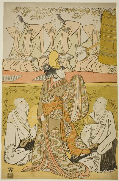 Skådespelaren Nakamura Nakazo I som Shirabyoshi Katsuragi, Matsumoto Koshiro IV som munken Meigetsubo och Otani Hiroji III som munken Izayoibo, i pjäsen "Edoganoko Musume Dojoji", uppförd på Ichimura Theatre i den åttonde månaden, 1783 av Torii Kiyonaga