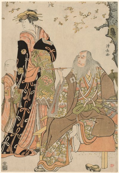 Skådespelarna Ichikawa Danjuro V som Hige no Ikyu, Nakamura Riko som Agemaki och Ichikawa Ebizo som Agemakis betjänt i pjäsen "Sukeroku Yukari no Edozakura" på Nakamura Theater i den tredje månaden 1784 av Torii Kiyonaga
