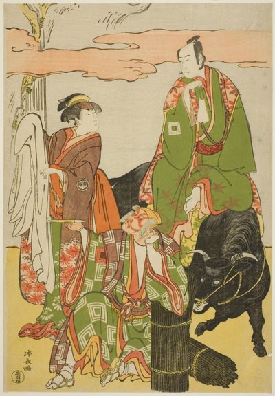 Skådespelarna Ichikawa Monnosuke II som Miyukinosuke, Segawa Kikunojo III som Hatsune-hime och Ichikawa Danjuro V som Ninnaji no Saibei, i joruri "Shitenno Oe no Yamairi", som uppträdde på Kiri Theatre i den elfte månaden, 1785 av Torii Kiyonaga