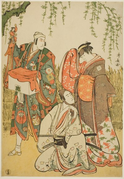 Skådespelarna Ichikawa Yaozo III som Shiragiku, Ichikawa Danjuro V som dockspelaren Dekurokubei och Sawamura Sojuro III som Soga no Juro, i joruri "Shinobukoi Yanagi no Katsura Otoko", som uppträdde på Nakamura Theatre den första månaden, 1785 av Torii Kiyonaga