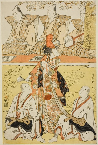 Skådespelarna Segawa Kikunojo III som Koito, Sawamura Sojuro III som munken Sainenbo och Ichikawa Monnosuke II som munken Renseibo, i shosan "Mata Saku Hana Museume Dojoji", som uppträdde på Nakamura-teatern den fjärde månaden, 1783 av Torii Kiyonaga