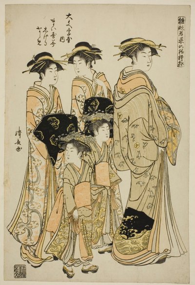 Courtesan Maizumi från Daimonjiya med hennes assistenter Shigeki och Naname, från serien "Modemodeller: nya mönster lika fräscha som unga löv (Hinagata wakana no hatsu moyo)" av Torii Kiyonaga
