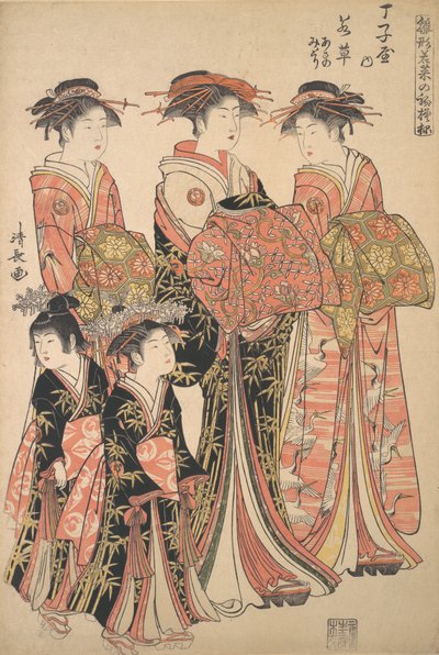 Courtesan Wakakusa från Chojiya bordell, och skötare Asano och Midori, från t..., ca. 1783. av Torii Kiyonaga