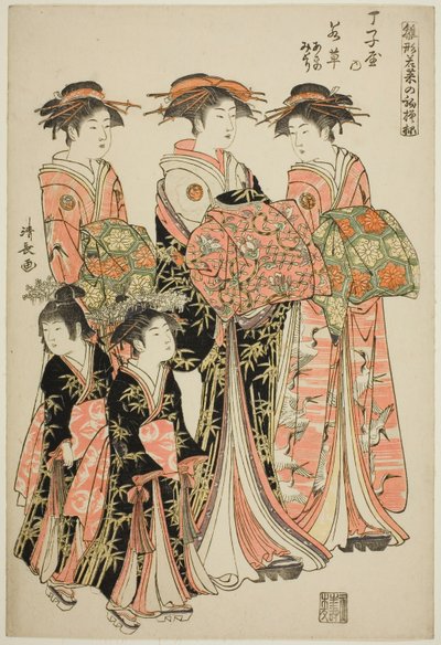 Courtesan Wakakusa från Chojiya med hennes assistenter Asano och Midori, från serien "Modemodeller: nya mönster så fräscha som unga löv (Hinagata wakana no hatsu moyo)" av Torii Kiyonaga