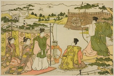 Nyårets första bågskytteträning (Yumi hajime), från den illustrerade boken "Colors of the Triple Dawn (Saishiki mitsu no asa)" av Torii Kiyonaga