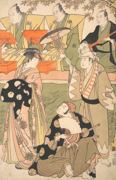 Teaterscen, med musiker. av Torii Kiyonaga