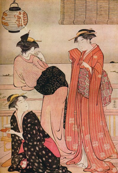 Tre flickor på verandan till ett tehus med utsikt över Edo Bay i Shinagawa, c1752-1815 av Torii Kiyonaga