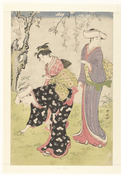 Två kvinnor och en flicka under ett blommande körsbärsträd Brokader med seder och seder i öst (serietitel) Fuzoku Azuma no Nishiki (serietitel) av Torii Kiyonaga