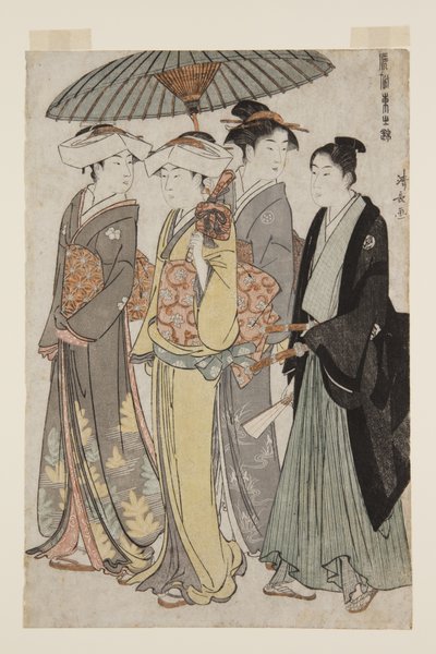 Two Daughters of a Bannerman med en tjänande kvinna och en ung man (träblock i färg) av Torii Kiyonaga