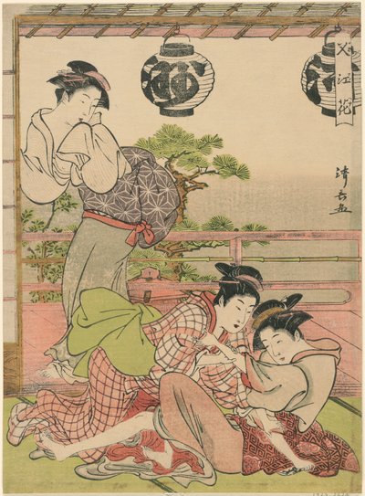 Two Geisha Struggling for a Letter (Fumi no arasoi), från serien "Flowers of Nakasu (Nakasu no hana)" av Torii Kiyonaga