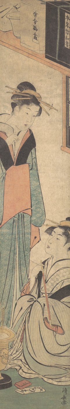 Två flickor som pratar nära Hibachi Fire-Pot, ca. 1785. av Torii Kiyonaga