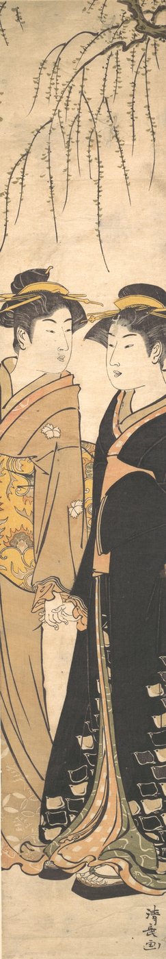 Två långa unga kvinnor som går hand i hand, ca. 1785. av Torii Kiyonaga