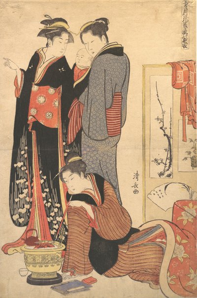 Två kvinnor som står och håller ett barn, ca. 1785. av Torii Kiyonaga