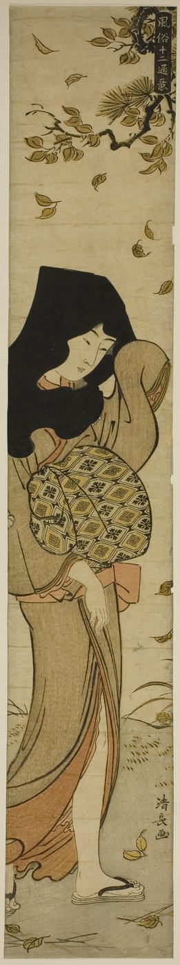 Kvinna med svart huva i vindblåsta löv, från serien "Twelve Scenes of Popular Customs (Fuzoku juni tsui)" av Torii Kiyonaga