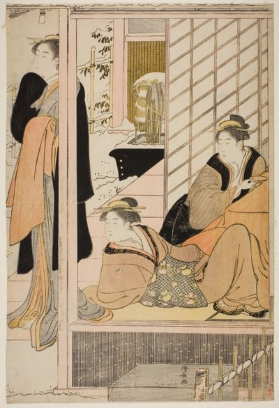 Kvinnor som tittar på en snöig trädgård från en salong av Torii Kiyonaga