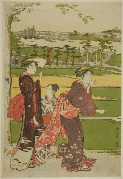 Kvinnor som besöker Mimeguri-helgedomen av Torii Kiyonaga
