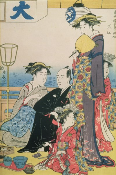 Women of the Gay Quarters, högra panelen av en diptyk (trätryck i färg) (se även 114571) av Torii Kiyonaga