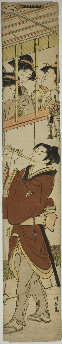 Ung man som spelar flöjt som titta på tre flickor av Torii Kiyonaga