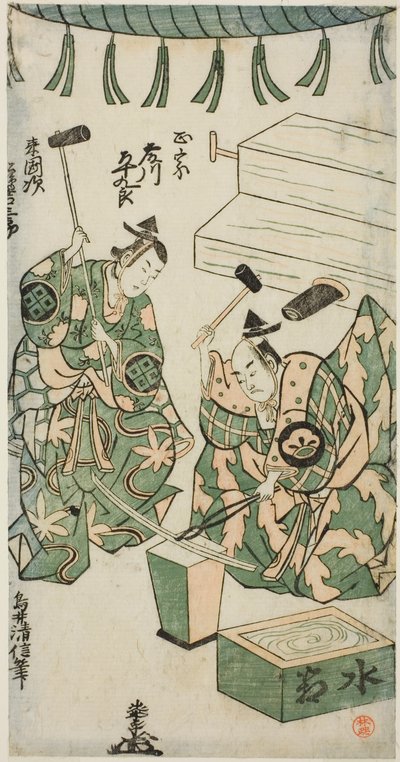 Skådespelarna Fujikawa Heikuro som Masamune och Matsushima Kichisaburo som Rai Kunitsugu i pjäsen "Shin Usuyuki Monogatari", uppfördes på Nakamura Theatre i sjätte månaden, 1746 av Torii Kiyonobu II
