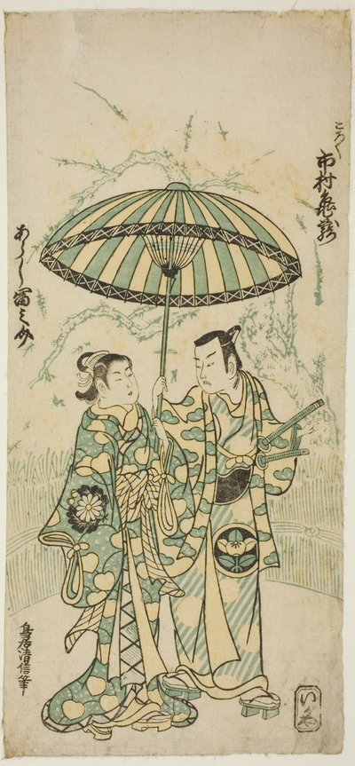 Skådespelarna Ichimura Kamezo I som Kanto Koroku och Arashi Tominosuke I som Hayasaki i pjäsen "Hokazo Yunzei Hachinoki", uppfördes på Ichimura Theatre i elfte månaden, 1748 av Torii Kiyonobu II