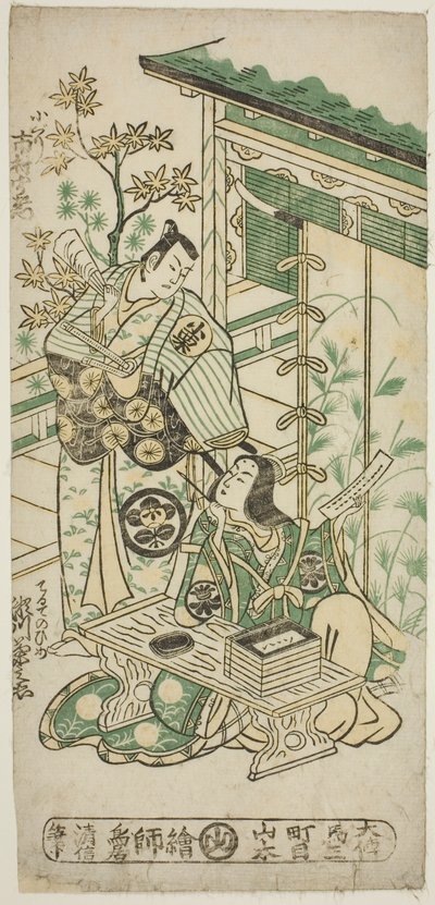 Skådespelarna Ichimura Uzaemon VIII som Oguri Hangan och Segawa Kikunojo I som Terute no Mae i pjäsen "Mangetsu Oguri Yakata", uppträdde på Ichimura Theatre i den åttonde månaden, 1747 av Torii Kiyonobu II