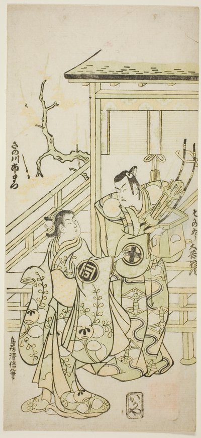 Skådespelarna Otani Oniji I som Soga no Goro och Sanogawa Ichimatsu I som syster till Yoshinaka i pjäsen "Fuji no Yuki Mitsugi Soga", uppfördes på Nakamura Theatre den första månaden, 1746 av Torii Kiyonobu II