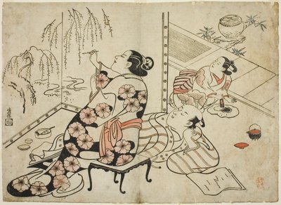 Courtesan Painting a Screen, från en serie av 12 erotiska tryck av Torii Kiyonobu I