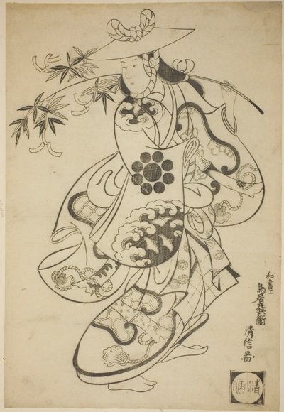 Sawamura Kodenji I som Tsuyu no Mae i pjäsen "Kanto Koroku" uppfördes på Nakamura-teatern den tredje månaden 1698 (?) av Torii Kiyonobu I