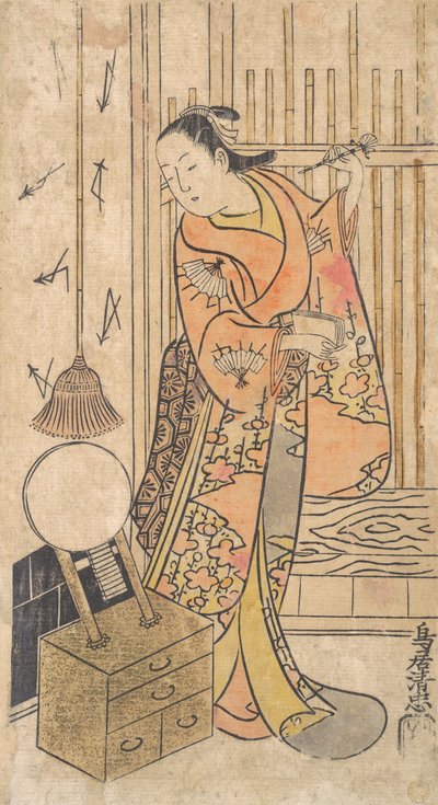 Skådespelare som kvinna som står vid en spegelställning, ca. 1735. av Torii Kiyotada