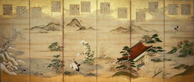 Sexpanelsskärm med tolv månaders fåglar och blommor (bläck, färg & bladguld på papper) av Tosa Mitsunari