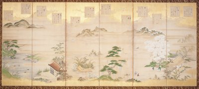 Sexpanelsskärm med tolv månaders fåglar och blommor (bläck, färg & bladguld på papper) av Tosa Mitsunari