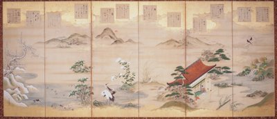 定家の十二ヶ月の詩（紙に墨、彩色、金箔、六曲屏風）スウェーデン語 av Tosa Mitsunari