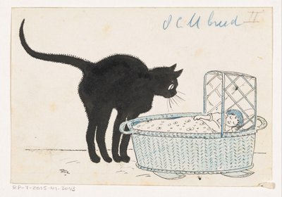 Katt tittar i en dockkorg av Totie (signed by artist)