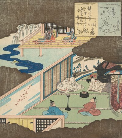 Interiör av ett palats med adelsmän som samtalar, ca. 1820. av Totoya Hokkei