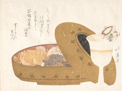 Vinbägare och lackmatlåda med nyårsmåltid, 1811. av Totoya Hokkei