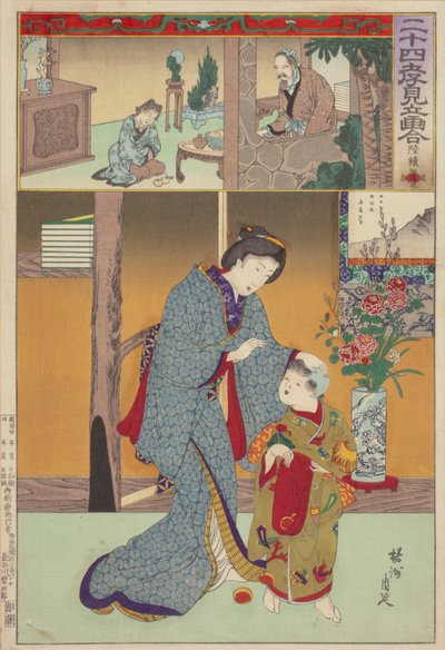 Parodi ihopparning av bilder av tjugofyra paragoner av barnslig fromhet: Lu Ji, nr 9 av Toyohara Chikanobu