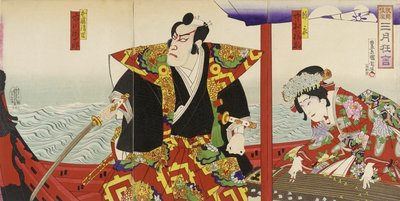 Ichikawa Danjūrō och Nakamura Fukusuke i rollerna som Katō Kiyomasa och Hinakinu av Toyohara Kunichika
