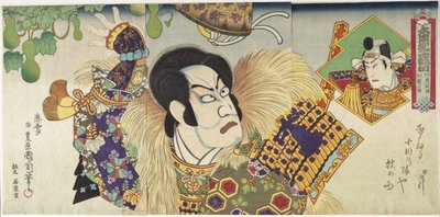 Kawarazaki Gonnosuke som Takechi Mitsuhide och Ichikawa Sadanji som Mashiba Hisayoshi av Toyohara Kunichika