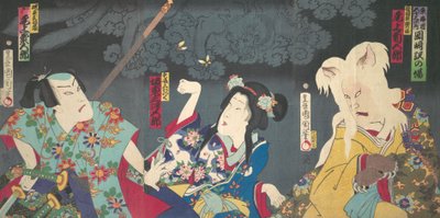 Onoe Kikukoro V som Otowa Family Neko no Ie, Band Mitsukoro I V som Love Book Mutsusen. . . , 1870. av Toyohara Kunichika